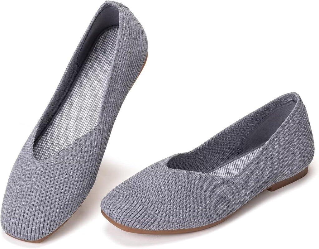 Womens Casual Flat Shoes Square Toe Shoes Knitted Work Flat Comfort Dressy Flat Shoes for Daily Washable