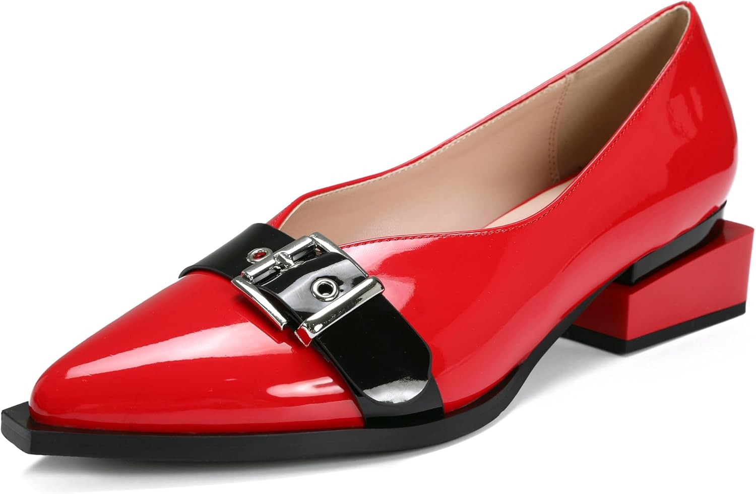 Womens Mid-high Red Heel Shoes Overlapping Square Chunky Heel Pointed Toe Pumps Shiny Black Patent Leather Shoes